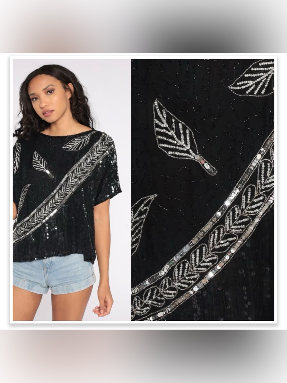 Vintage Jean for Joseph Le Bon Pure Silk Sequin Beaded Top 80s Black w Silver Sm